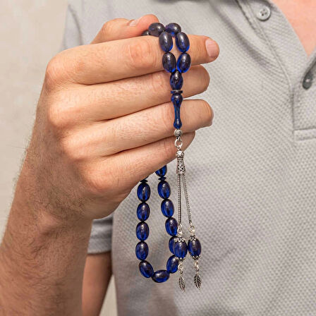 Gümüş Püsküllü Lacivert Sıkma Kehribar Tesbih