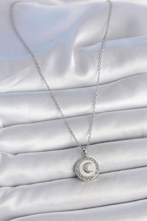 316L Çelik Gümüş Renk Zincir Beyaz Mineli Hilal İşlemeli Madalyon Model Kadın Kolye