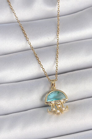 316L Çelik Gold Renk Mavi Taşlı Deniz Anası Model İnci Detay Kadın Kolye