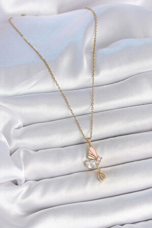 316L Çelik Gold Renk Zincir Damla Zirkon Taşlı Kelebek Model Sallantı Detay Kadın Kolye