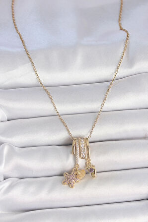 316L Çelik Gold Renk Sallantı Zirkon Taşlı Mor Taşlı Ayıcık Figür Charm Kadın Kolye