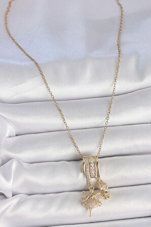 316L Çelik Gold Renk Zirkon Taşlı Sallantı Melek Figür Charm Kadın Kolye