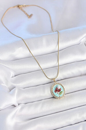 316L Çelik Gold Renk Zincir Turkuaz Mineli İncili Çiçek İşlemeli Portre Model Kadın Kolye