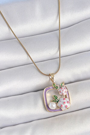 316L Çelik Gold Renk Zincir Mor Mineli Kare Model Çiçek İşlemeli İnci Detay Kadın Kolye