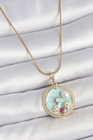 316L Çelik Gold Renk Zincir Mavi Mineli İnci Çiçek İşlemeli Zirkon Taş Detaylı Madalyon Model Kadın Kolye