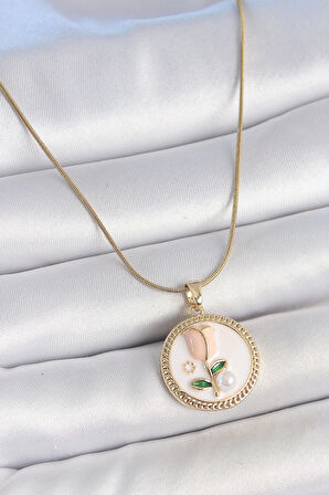 316L Çelik Gold Renk Beyaz Mineli İncili Çiçek İşlemeli Portre Model Kadın Kolye