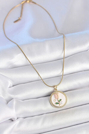 316L Çelik Gold Renk Beyaz Mineli İncili Çiçek İşlemeli Portre Model Kadın Kolye