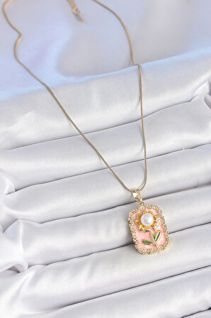316L Çelik Gold Renk Zincir Pembe Mineli İncli Papatya Model Portre Model Kadın Kolye