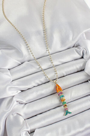 Pirinç Rainbow Balık Model Zirkon Taşlı Gold Renk Kadın Kolye