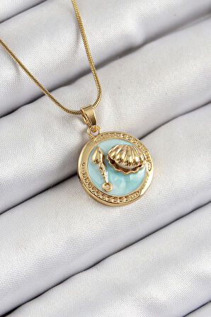 316L Çelik Zincir Turkuaz Mineli Sanatsal Portre İstiridye Model Gold Renk Kadın Kolye