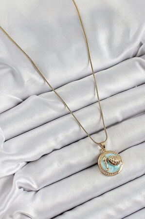 316L Çelik Zincir Turkuaz Mineli Sanatsal Portre İstiridye Model Gold Renk Kadın Kolye