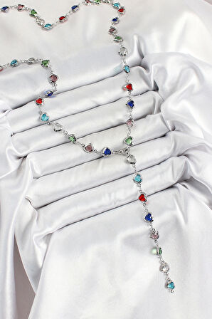 Pirinç Gümüş Renk Karışık Renk Zirkon Taşlı Kalpli Y Kadın Kolye