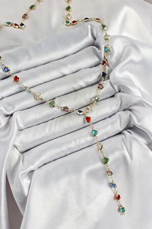 Pirinç Gold Renk Karışık Renk Zirkon Taşlı Kalpli Y Kadın Kolye