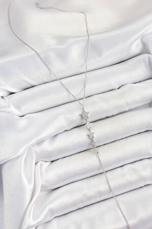 Pirinç Zirkon Taşlı Sıralı Yıldız Figürlü Y Model Gümüş Renk Kadın Kolye