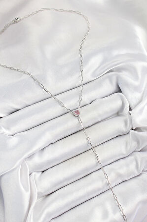 Pirinç Zirkon Taşlı Pembe Kalp Figürlü Y Model Gümüş Renk Kadın Kolye