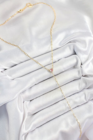 Pirinç Zirkon Taşlı Pembe Kalp Figürlü Y Model Gold Renk Kadın Kolye