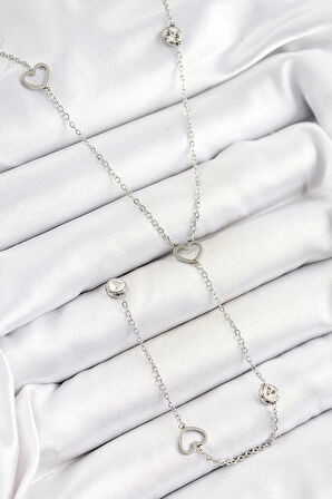 316L Çelik Zirkon Taşlı Kalp Figürlü Y Model Gümüş Renk Kadın Kolye