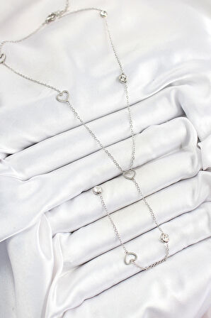 316L Çelik Zirkon Taşlı Kalp Figürlü Y Model Gümüş Renk Kadın Kolye