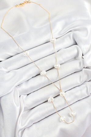 316L Çelik İncili Kalp Figürlü Y Model Gold Renk Kadın Kolye