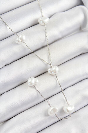 316L Çelik İncili Kalp Figürlü Y Model Gümüş Renk Kadın Kolye