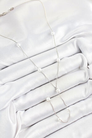 316L Çelik İnci Figürlü Y Model Gümüş Renk Kadın Kolye