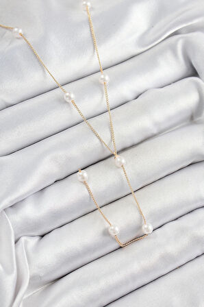 316L Çelik İnci Figürlü Y Model Gold Renk Kadın Kolye