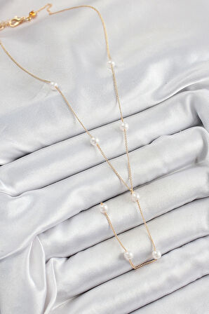 316L Çelik İnci Figürlü Y Model Gold Renk Kadın Kolye