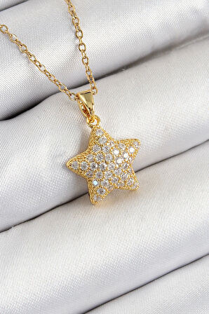 316L Çelik Zirkon Taşlı Yıldız Model Gold Renk Kadın Kolye