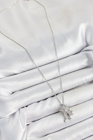 316L Çelik Zirkon Taşlı Sallantılı Yıldız Model Gümüş Renk Kadın Kolye