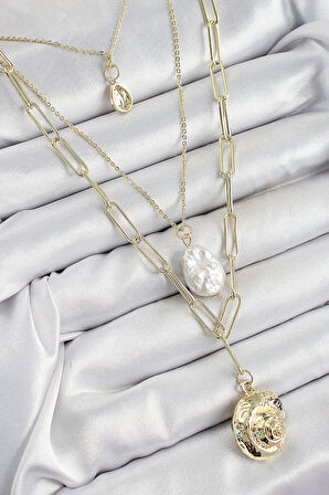 Pirinç Çoklu Zincirli İncili Deniz Kabuğu Model Gold Renk Kadın Kolye