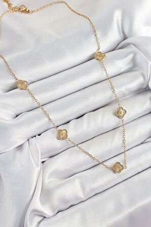 316L Çelik Yonca Model Gold Renk Kadın Kolye