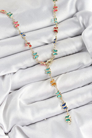 Pirinç Renkli Zirkon Taşlı Kelebek Model Gold Renk Kadın Y Kolye