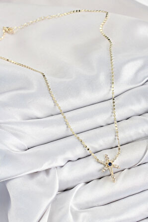 Pirinç Zirkon Taşlı Kutup Yıldızı Model Ezme Zincir Gold Renk Kadın Kolye