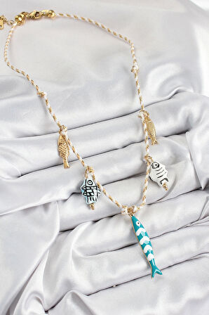 Seramik Motifli Balık Figürlü Model Krem İp Kadın Kolye