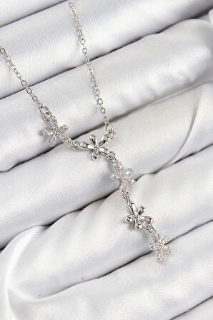 316L Çelik Zirkon Taşlı Çiçek Model Gümüş Renk Kadın Kolye