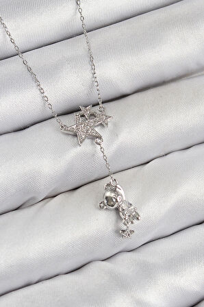 Pirinç Zirkon Taşlı Sallantılı Ayıcıklı Yıldız Model Gümüş Renk Kadın Kolye