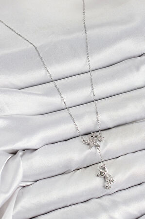 Pirinç Zirkon Taşlı Sallantılı Ayıcıklı Yıldız Model Gümüş Renk Kadın Kolye