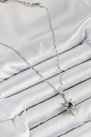 316L Çelik Zirkon Taşlı Kutup Yıldızı Model Gümüş Renk Kadın Kolye