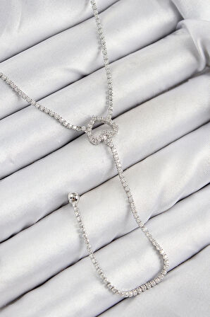 Pirinç Zirkon Taşlı Kalp Model Gümüş Renk  Y Kolye