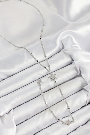 Pirinç Zirkon Taşlı Yıldız Model Gümüş Renk Y Kolye