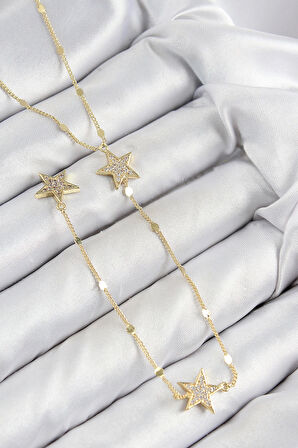 Pirinç Zirkon Taşlı Yıldız Model Gold Renk Y Kolye