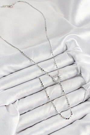 Pirinç Zirkon Taşlı Ezme Zincirli Kalp Model Gümüş Renk Y Kolye