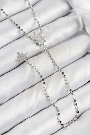 Pirinç Zirkon Taşlı Ezme Zincirli Kutup Yıldızı Model Gümüş Renk Y Kolye