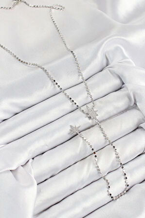 Pirinç Zirkon Taşlı Ezme Zincirli Kutup Yıldızı Model Gümüş Renk Y Kolye