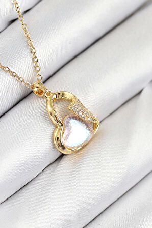 316L Çelik Zirkon Taşlı Kalp Model Gold Renk Kadın Kolye