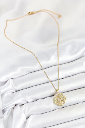 316L Çelik Zirkon Taşlı Ay Ve Güneş Model Gold Renk Kadın Kolye