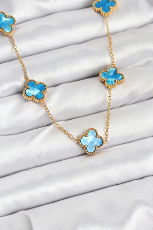 316L Çelik Zincir Gold Buz Mavisi Renk Yonca Kolye