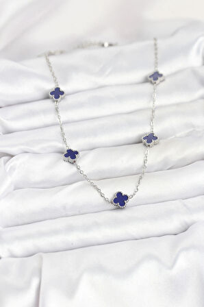 316L Çelik Zincir Gümüş Renk Lacivert Baby Boy Yonca Kadın Kolye