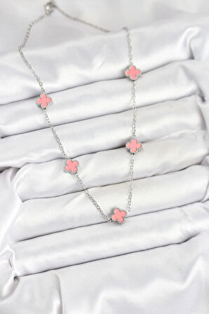 316L Çelik Zincir Gümüş Renk Pembe Baby Boy Yonca Kadın Kolye