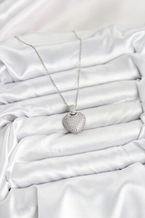 316L Çelik Zincir Gümüş Renk Zirkon Taşlı Kalpli Kadın Kolye